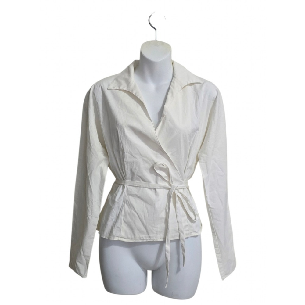 Lafayette 148 Vintage Cotton Poplin Spread Collar Wrap Blouse In Off White Sz 6P